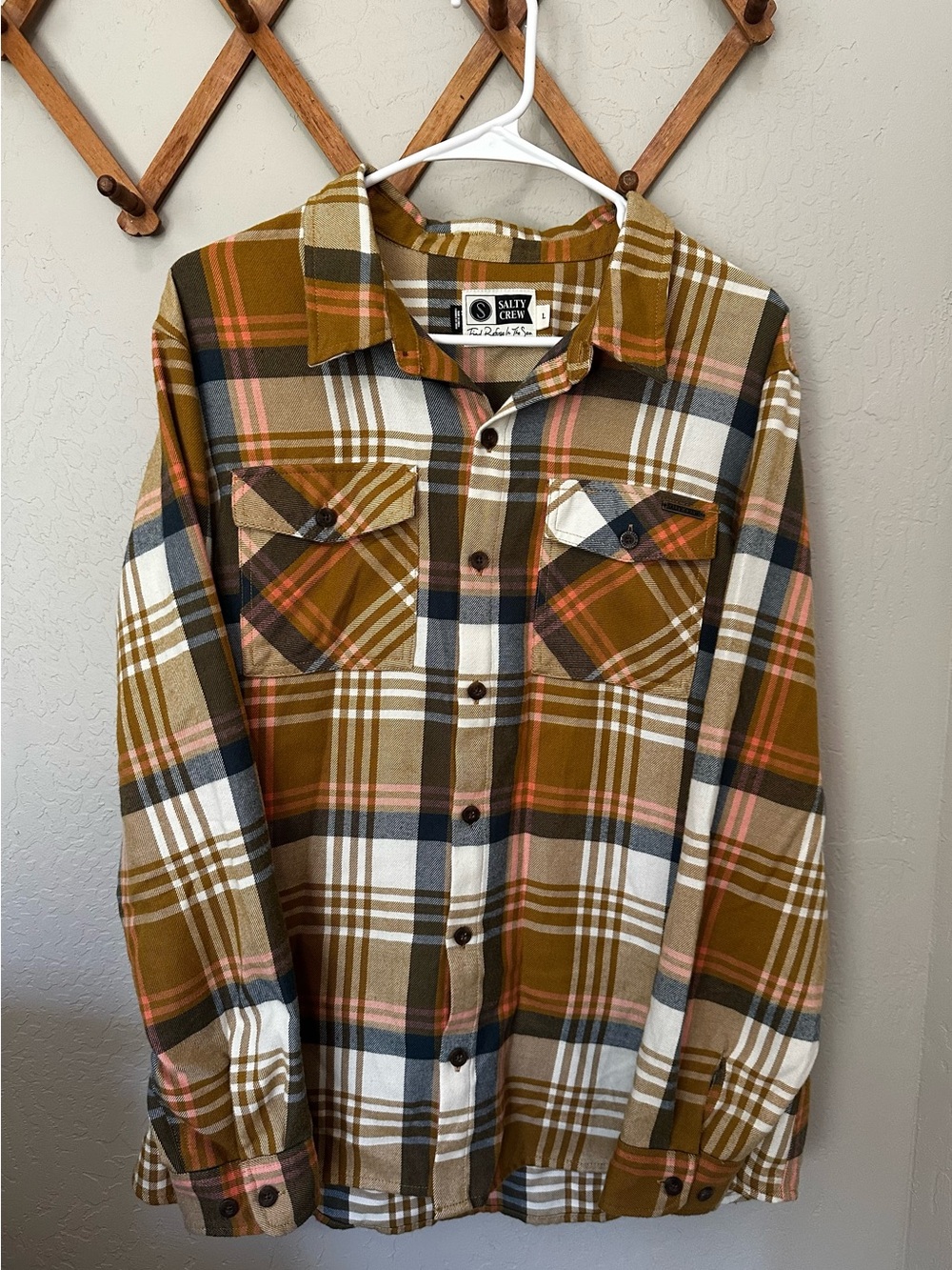 Salty Crew Men's Olive Plaid Button-Down Shirt with Cream & Brown